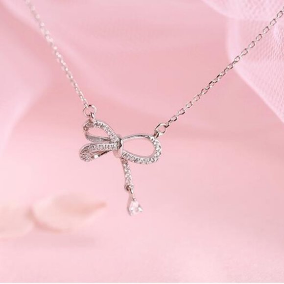 NEW 925 Sterling Silver Diamond Bow knot Necklace - Picture 4 of 11